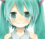 1girl :d aqua_eyes aqua_hair bare_shoulders closed_mouth commentary_request crying crying_with_eyes_open electric_angel_(vocaloid) grey_shirt hatsune_miku heart heart-shaped_pupils long_hair looking_at_viewer necktie roy-n shirt sleeveless sleeveless_shirt smile solo symbol-shaped_pupils tears twintails upper_body vocaloid 