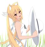  1girl animal_ears blonde_hair bokota_(bokobokota) dress fang fox_ears fox_girl fox_tail from_side grass hat highres holding holding_clothes holding_hat looking_at_viewer open_mouth original red_eyes solo sun_hat sundress tail twintails white_dress white_headwear 