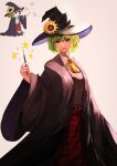  1girl absurdres bangs black_cape cape english_commentary green_hair happy hat highres kazami_yuuka looking_at_viewer md5_mismatch open_mouth parody red_eyes resolution_mismatch short_hair simple_background smile solo source_smaller touhou wand witch_hat yuhel 