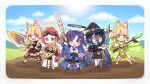  5girls :d :o animal_ear_fluff animal_ears aris_(blue_archive) armored_boots arrow_(projectile) bangs bare_shoulders black_capelet black_dress black_footwear black_gloves black_hair black_headwear black_skirt blonde_hair blue_archive blue_eyes blue_sky boots breasts brown_shorts capelet chibi closed_mouth clouds coat commentary_request crossbow day detached_sleeves dress fingerless_gloves gem glint gloves goggles goggles_on_head green_eyes green_ribbon grey_eyes hair_between_eyes hair_ribbon halo harada_(sansei_rain) hat highres holding holding_crossbow holding_staff holding_sword holding_weapon kemonomimi_mode long_hair long_sleeves medium_breasts midori_(blue_archive) momoi_(blue_archive) multiple_girls outdoors pink_eyes pleated_dress pleated_skirt puffy_long_sleeves puffy_sleeves purple_hair quiver redhead ribbon ringed_eyes shirt shoes short_shorts shorts siblings sidelocks sisters skirt sky sleeveless sleeveless_shirt smile staff sword twins two_side_up v-shaped_eyebrows very_long_hair violet_eyes weapon weapon_request white_coat white_footwear white_shirt white_sleeves witch_hat yuuka_(blue_archive) yuzu_(blue_archive) 