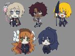  2boys 3girls bangs belt black_belt black_coat black_pants black_vest blonde_hair blue_eyes blue_hair breasts brown_hair brown_hairband brown_sweater chibi closed_mouth coat coat_on_shoulders coco_(556ch0cl8) collared_shirt dark-skinned_male dark_blue_hair dark_skin don_quixote_(limbus_company) drooling expressionless faust_(limbus_company) freckles green_eyes grey_background hair_between_eyes hair_ribbon hairband heathcliff_(limbus_company) heterochromia highres holding holding_club holding_weapon hong_lu intravenous_drip ishmael_(limbus_company) limbus_company long_hair long_sleeves medium_breasts mouth_drool multiple_boys multiple_girls necktie open_clothes open_coat open_mouth orange_eyes orange_hair pants ponytail project_moon red_necktie ribbed_sweater ribbon ringed_eyes sanpaku scar scar_on_arm scar_on_face shirt short_hair short_sleeves simple_background smile suspenders sweater turtleneck turtleneck_sweater vest violet_eyes weapon white_ribbon white_shirt 