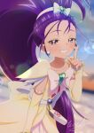  1girl arm_warmers birthday bow brooch cowboy_shot cure_egret day dress futari_wa_precure_splash_star hairband happy_birthday heart_brooch highres jewelry long_hair looking_at_viewer mishou_mai outdoors pouch precure purple_hair signature smile solo tiler_(tiler00) violet_eyes white_bow white_dress 