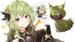  &gt;_&lt; &gt;o&lt; 1girl bangs before_and_after bridal_gauntlets capelet chibi chibi_inset collei_(genshin_impact) commentary_request cuilein-anbar_(genshin_impact) earrings genshin_impact green_hair hair_between_eyes hair_ornament highres holding holding_pen jewelry long_hair long_sleeves looking_at_viewer pen sakura_semi sidelocks simple_background single_earring smile v-shaped_eyebrows violet_eyes white_background 
