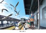  2girls :d absurdres bird blue_hair blue_sky bridge cellphone closed_eyes clouds commentary copyright_name day ground_vehicle highres holding holding_phone kagamihara_nadeshiko long_sleeves multiple_girls ocean open_mouth outdoors parted_lips phone pink_hair railroad_tracks seagull shima_rin sky smartphone smile squatting standing train train_station_platform translation_request winter_hat yurucamp zeng$_(zwj) 