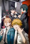  2boys 2girls absurdres bangs black_hair black_jacket black_necktie blonde_hair blue_eyes blue_hoodie chainsaw_man collared_shirt cross-shaped_pupils denji_(chainsaw_man) disembodied_limb earrings falling_petals finger_in_own_mouth flower formal hair_between_eyes hayakawa_aki highres himeno_(chainsaw_man) holding holding_flower hood hoodie horns jacket jacket_partially_removed jewelry kyuuba_melo long_hair looking_at_another looking_to_the_side multiple_boys multiple_girls necktie petals photo_booth pointing pointing_at_another power_(chainsaw_man) red_eyes red_flower red_horns red_rose rose sharp_teeth shirt short_hair smile spiky_hair standing stud_earrings suit teeth topknot white_shirt yellow_eyes 