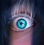  1boy absurdres artist_name blue_eyes close-up crain1art eye_focus getou_suguru_(kenjaku) gojou_satoru highres jujutsu_kaisen looking_at_viewer medium_hair shadow smile solo_focus white_hair 