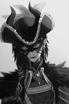  1boy blurry blurry_background earrings elbow_gloves film_grain gloves greyscale hair_between_eyes hat highres horns jewelry lipstick looking_at_viewer makeup male_focus malleus_draconia mask monochrome nagi_naruki pointy_ears short_hair simple_background slit_pupils smile solo twisted_wonderland white_background 