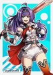  1girl ahoge belt black_armband blue_eyes blue_hair cape elbow_gloves fingerless_gloves fire_emblem fire_emblem:_path_of_radiance fire_emblem_heroes gloves gzei headband highres holding holding_sword holding_weapon long_hair mia_(fire_emblem) navel open_mouth short_shorts shorts smile solo sword teeth thigh-highs upper_teeth watermark weapon white_gloves wristband 