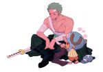  2boys antlers bandages bandaid bandaid_on_face bandaid_on_forehead earrings full_body hat highres jewelry multiple_boys one_piece roronoa_zoro scar scar_on_chest scar_on_face shirt shorts sitting sword tony_tony_chopper topless_male towne weapon white_background 