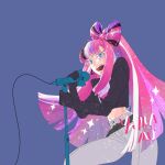  1girl ;d ahnjh0310 belt black_hair blue_background blue_eyes bow bow-shaped_hair character_name cookie_run cowboy_shot crop_top glint gloves hair_bow highres holding holding_microphone humanization long_hair long_sleeves microphone microphone_stand multicolored_hair music one_eye_closed pink_hair shining_glitter_cookie singing smile solo sparkle sparkle_background two-tone_hair very_long_hair zipper 