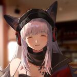  1girl animal_ears arknights bangs black_headwear blurry blurry_background blush closed_mouth coat ears_through_headwear facing_viewer frostleaf_(arknights) grey_hair hasegawamorito hat headphones highres long_hair off_shoulder open_mouth oripathy_lesion_(arknights) portrait red_coat single_bare_shoulder smile solo 