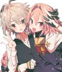  2boys antenna_hair astolfo_(fate) blush braid crossdressing fate/apocrypha fate/grand_order fate_(series) grey_hair highres koyashaka long_hair long_sleeves looking_at_viewer multicolored_hair multiple_boys open_mouth pink_hair salute short_hair sieg_(fate) two-finger_salute v violet_eyes white_background 
