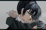  1boy 1girl bangs black_hair black_jacket black_necktie chainsaw_man cigarette collared_shirt crying crying_with_eyes_open formal ghost grey_background hayakawa_aki highres himeno_(chainsaw_man) holding holding_cigarette hug jacket letterboxed looking_away looking_to_the_side necktie shirt short_hair simple_background smoking suit tears white_shirt woruworu_61 