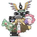  1girl bangs blacknirrow blonde_hair blue_eyes caitlin_(pokemon) cape dress english_commentary full_body gothitelle hand_up hat long_hair long_sleeves musharna one_eye_closed open_mouth parted_bangs pink_dress pink_footwear pokemon pokemon_(creature) pokemon_(game) pokemon_bw reuniclus see-through sigilyph simple_background very_long_hair white_background white_headwear yawning 