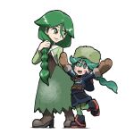  2girls :d aqua_hair aqua_pupils arms_up blacknirrow boots braid brown_footwear brown_mittens cheryl_(pokemon) closed_mouth diamond_clan_outfit full_body fur_hat gradient gradient_legwear green_eyes green_hair green_headwear green_skirt hand_up hat leg_up long_skirt looking_at_another mittens multiple_girls open_mouth outstretched_arms pantyhose pokemon pokemon_(game) pokemon_dppt pokemon_legends:_arceus pouch sabi_(pokemon) simple_background single_braid skirt smile standing standing_on_one_leg time_paradox ushanka white_background 