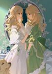  2girls absurdres blonde_hair brown_eyes choker dog dress english_commentary from_side gloves green_dress green_eyes green_ribbon hair_behind_ear hair_ribbon hand_on_another&#039;s_chest hand_on_own_thigh highres long_hair mirror multiple_girls naka_(carolnaka_) original parted_lips ribbon siblings twins white_choker white_dress white_gloves white_ribbon 