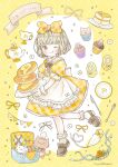  1girl :p animal-shaped_food apron argyle argyle_background bangs black_footwear bob_cut bouquet bow box bread brown_eyes bunting cake candy cat checkered_bow checkered_clothes chef_hat cup cupcake decorations dress emo_(mikan) english_text floating floating_object floral_print flower food footwear_bow fork frilled_apron frilled_dress frilled_socks frills gold_trim gradient_eyes grey_cat hair_bow hat holding holding_food holding_plate knife leaning leg_up light_brown_hair loafers mittens multicolored_eyes original oven_mitts pancake pastel_colors pinafore_dress plaid plaid_bow plaid_dress plate puffy_short_sleeves puffy_sleeves ribbon rose shoes short_hair short_sleeves socks standing standing_on_one_leg string stuffed_animal stuffed_toy sweets tablecloth teacup tongue tongue_out two-tone_background white_apron white_background white_bow white_cat white_flower white_headwear white_socks yellow_background yellow_dress yellow_flower yellow_mittens yellow_ribbon yellow_rose yellow_theme 