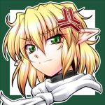  1girl anger_vein bangs blonde_hair closed_mouth commentary_request green_background green_eyes hair_between_eyes looking_at_viewer lowres mizuhashi_parsee ootsuki_wataru pointy_ears portrait scarf short_hair solo touhou two-tone_background white_background white_scarf 