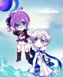  1boy 1girl absurdres ahoge balloon bangs black_bow black_footwear black_jacket blue_cape blue_eyes blush boots bow cape chibi clouds commentary dress elsword english_commentary floating glasses gloves hair_between_eyes hair_bow highres holding holding_balloon holding_hands jacket long_sleeves mimimou400 noah_ebalon nyx_pieta_(elsword) open_clothes open_jacket open_mouth purple_hair robe short_hair side_ponytail sky smile two-tone_cape violet_eyes white_cape white_dress white_gloves white_hair white_robe yuria_landar 
