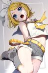  1girl arched_back arms_behind_back bangs bare_shoulders blonde_hair blue_eyes bow breasts crop_top eyelashes gevokawa_geno grabbing_own_arm grey_sailor_collar grey_shorts hair_bow hair_ornament hairclip head_tilt headphones headset highres kagamine_len kagamine_rin knee_up leg_warmers midriff navel neckerchief open_mouth pale_skin sailor_collar sailor_shirt shirt shorts signature sleeveless sleeveless_shirt small_breasts solo standing standing_on_one_leg swept_bangs treble_clef vocaloid white_bow yellow_nails yellow_neckerchief 
