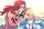  1boy 1girl bird blonde_hair choker coat colette_brunel echo_(circa) gloves headband jewelry long_hair looking_at_viewer redhead smile tales_of_(series) tales_of_symphonia zelos_wilder 