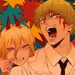  1boy 1girl bangs black_necktie bleeding_from_forehead blonde_hair blood blood_on_face chainsaw_man collared_shirt cross-shaped_pupils denji_(chainsaw_man) hair_between_eyes highres horns long_hair looking_at_viewer necktie open_mouth power_(chainsaw_man) red_horns sharp_teeth shirt short_hair symbol-shaped_pupils tamagosan1001 teeth white_shirt yellow_eyes 