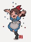  1girl ace_attorney apron arms_up bangs black_footwear blue_dress blue_eyes bow confetti dress earrings hair_bow happy highres jewelry oekakisagi one_eye_closed open_mouth short_hair simple_background smile tongue trucy_wright 