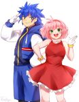  1boy 1girl :d amy_rose bare_shoulders blue_hair blue_shorts bob_cut bracelet breasts dress gloves green_eyes grin hairband highres humanization jacket jewelry long_sleeves looking_at_viewer open_mouth pink_hair red_dress red_hairband salute short_hair shorts smile sonic_(series) sonic_the_hedgehog spiky_hair standing tasikyu two-finger_salute white_gloves 