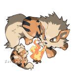  animal_hands arcanine blacknirrow bonfire bright_pupils brown_eyes closed_eyes english_commentary evolutionary_line fangs fire flamethrower_(pokemon) growlithe no_humans nose_bubble pokemon pokemon_(creature) simple_background sleeping white_background white_pupils zzz 