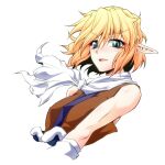  1girl bangs blonde_hair blush breasts brown_shirt commentary_request cropped_torso green_eyes hair_between_eyes looking_at_viewer medium_breasts mizuhashi_parsee nose_blush ootsuki_wataru open_mouth pointy_ears scarf shirt short_hair simple_background sleeveless sleeveless_shirt solo touhou upper_body white_background white_scarf 