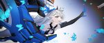  1girl 9_vcat :d absurdres artist_name bangs bare_shoulders black_gloves blue_butterfly blue_dress bronya_zaychik bronya_zaychik_(herrscher_of_reason) bug butterfly dress drill_hair earrings elbow_gloves gloves grey_background grey_eyes hair_ornament highres honkai_(series) honkai_impact_3rd jewelry long_hair open_mouth project_bunny sleeveless sleeveless_dress smile solo twin_drills 