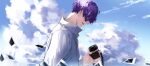  1boy absurdres artist_name blue_sky camera cigarette clouds day hair_over_eyes highres holding holding_camera lluluchwan male_focus mouth_hold original outdoors photo_(object) purple_hair shirt sky solo upper_body white_shirt 