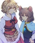 2girls animal_ears animal_print black_hair blonde_hair blue_capelet capelet closed_mouth grey_hair highres jewelry long_sleeves looking_at_viewer mouse_ears mouse_girl multiple_girls nayozane_(worker7) nazrin o-ring open_mouth orange_eyes pendant short_hair simple_background tiger_print toramaru_shou touhou white_background wide_sleeves yellow_eyes 