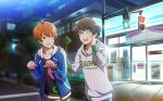 2boys akizuki_ryou aoi_yusuke black_skirt brown_hair building fingernails glasses hair_between_eyes highres hood hoodie idolmaster idolmaster_side-m idolmaster_side-m_growing_stars jacket lamppost long_sleeves male_focus multiple_boys official_art one_eye_closed open_clothes open_jacket open_mouth orange_hair skirt teeth traffic_light tree upper_teeth