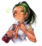  1girl adjusting_clothes adjusting_necktie black_hair collared_shirt fingerless_gloves freckles gloves green_hair highres looking_at_viewer multicolored_hair necktie nemona_(pokemon) onimiere pokemon pokemon_(game) pokemon_sv ponytail shirt upper_body 