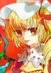  1girl absurdres adapted_costume blonde_hair fangs flandre_scarlet highres medium_hair multicolored_wings open_mouth portrait red_background red_eyes red_ribbon ribbon side_ponytail simple_background solo touhou wan495 white_headwear wings 