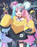  1girl bow-shaped_hair character_hair_ornament grey_pantyhose hair_ornament hexagon_print highres iono_(pokemon) jacket long_hair low-tied_long_hair multicolored_hair oversized_clothes pantyhose pokemon pokemon_(game) pokemon_sv sharp_teeth single_leg_pantyhose siruca sleeves_past_fingers sleeves_past_wrists split-color_hair teeth very_long_sleeves x yellow_jacket 