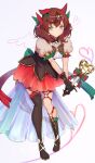  1girl alternate_costume animal_ears brown_eyes closed_mouth full_body heart highres horse_ears horse_tail kodoneri_(user_quk1118) looking_at_viewer magical_girl nice_nature_(umamusume) redhead simple_background single_thighhigh solo tail thigh-highs umamusume wand white_background 