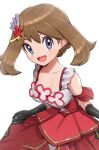  1girl bangs bare_shoulders black_gloves breasts brown_hair clothes_lift collarbone dress dress_lift flower frills gloves gonzarez hair_flower hair_ornament hairclip highres looking_at_viewer may_(pokemon) open_mouth pokemon red_dress shirt short_hair small_breasts smile solo violet_eyes white_shirt 