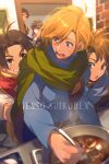  1girl 4boys cleo_(suikoden) closed_mouth echo_(circa) gensou_suikoden gensou_suikoden_i multiple_boys open_mouth short_hair ted_(suikoden) tir_mcdohl 