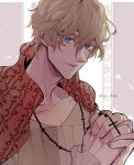  1boy akehata_hikari baraou_no_souretsu blonde_hair blue_eyes collarbone cross cross_necklace hair_between_eyes hands_up henry_vi_(baraou) jewelry long_neck long_sleeves male_focus necklace own_hands_together short_hair solo upper_body 