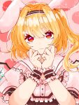  1girl alternate_costume animal_ears black_hairband blonde_hair buttons closed_mouth crystal flandre_scarlet frilled_shirt_collar frills hair_between_eyes hairband hands_on_own_chin looking_at_viewer medium_hair own_hands_together pink_background puffy_short_sleeves puffy_sleeves rabbit_ears red_eyes seserami short_sleeves side_ponytail solo touhou upper_body wings wrist_cuffs 