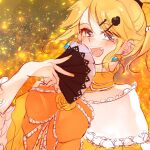  bare_shoulders blonde_hair blue_eyes blush bow choker covering_mouth dress dress_bow earrings embers evillious_nendaiki fangs fire frilled_choker frills hair_bow hair_ornament hairclip hand_fan holding holding_fan jewelry kagamine_rin mimi_mine open_mouth orange_bow ponytail riliane_lucifen_d&#039;autriche sidelocks smile strapless strapless_dress updo vocaloid yellow_bow yellow_choker yellow_dress yellow_nails 
