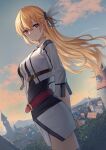  1girl alisa_reinford arms_behind_back belt blonde_hair clouds commentary_request commission dusk eiyuu_densetsu feather_hair_ornament feathers hair_ornament hair_ribbon highres jacket long_hair looking_at_viewer outdoors red_eyes ribbon sen_no_kiseki sen_no_kiseki_iii sen_no_kiseki_iv sion_(9117) skeb_commission skirt sky smile solo town white_feathers white_jacket white_skirt zipper zipper_pull_tab 