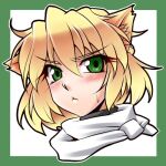  1girl :&lt; animal_ears bangs blonde_hair cat_ears closed_mouth commentary_request green_background green_eyes hair_between_eyes kemonomimi_mode looking_at_viewer lowres mizuhashi_parsee ootsuki_wataru pointy_ears portrait scarf short_hair solo touhou two-tone_background white_background white_scarf 