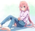  1girl barefoot blue_eyes denim highres jeans kagamihara_nadeshiko long_hair looking_at_viewer oekakiism pants pink_hair sitting smile solo twintails very_long_hair yurucamp 