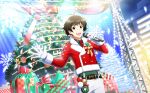 1boy ahoge akizuki_ryou belt belt_buckle brown_hair buckle christmas_lights christmas_ornaments christmas_present christmas_star christmas_tree collared_shirt gift glint gloves highres holding holding_microphone idolmaster idolmaster_side-m idolmaster_side-m_live_on_stage! long_sleeves male_focus microphone necktie official_art open_hand open_mouth red_necktie shirt snowflake_ornament snowflake_print undershirt white_gloves