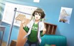 1boy ahoge akizuki_ryou clenched_hands clothes_hanger collared_shirt fingernails glasses glint green_shirt highres idolmaster idolmaster_side-m idolmaster_side-m_live_on_stage! long_sleeves male_focus official_art poster_(object) shirt silhouette undershirt watch
