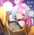  1girl bow-shaped_hair character_hair_ornament hair_ornament hexagon_print highres iono_(pokemon) jacket long_hair low-tied_long_hair multicolored_hair oversized_clothes pokemon pokemon_(game) pokemon_sv rkmimn sharp_teeth sleeves_past_fingers sleeves_past_wrists solo split-color_hair teeth x yellow_jacket 