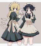  2girls alternate_costume apron bangs black_eyes black_hair blonde_hair blue_eyes blush chito_(shoujo_shuumatsu_ryokou) creature dress enmaided fish frilled_dress frills highres holding holding_tray juliet_sleeves long_hair long_sleeves looking_back low_twintails maid maid_headdress multiple_girls nuko_(shoujo_shuumatsu_ryokou) puffy_sleeves ri_(qrcode) shoujo_shuumatsu_ryokou tray twintails yuuri_(shoujo_shuumatsu_ryokou) 